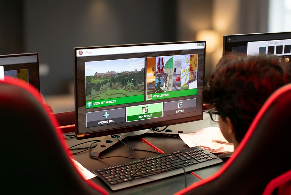 Camper at a gaming PC playing Minecraft Education at a community event